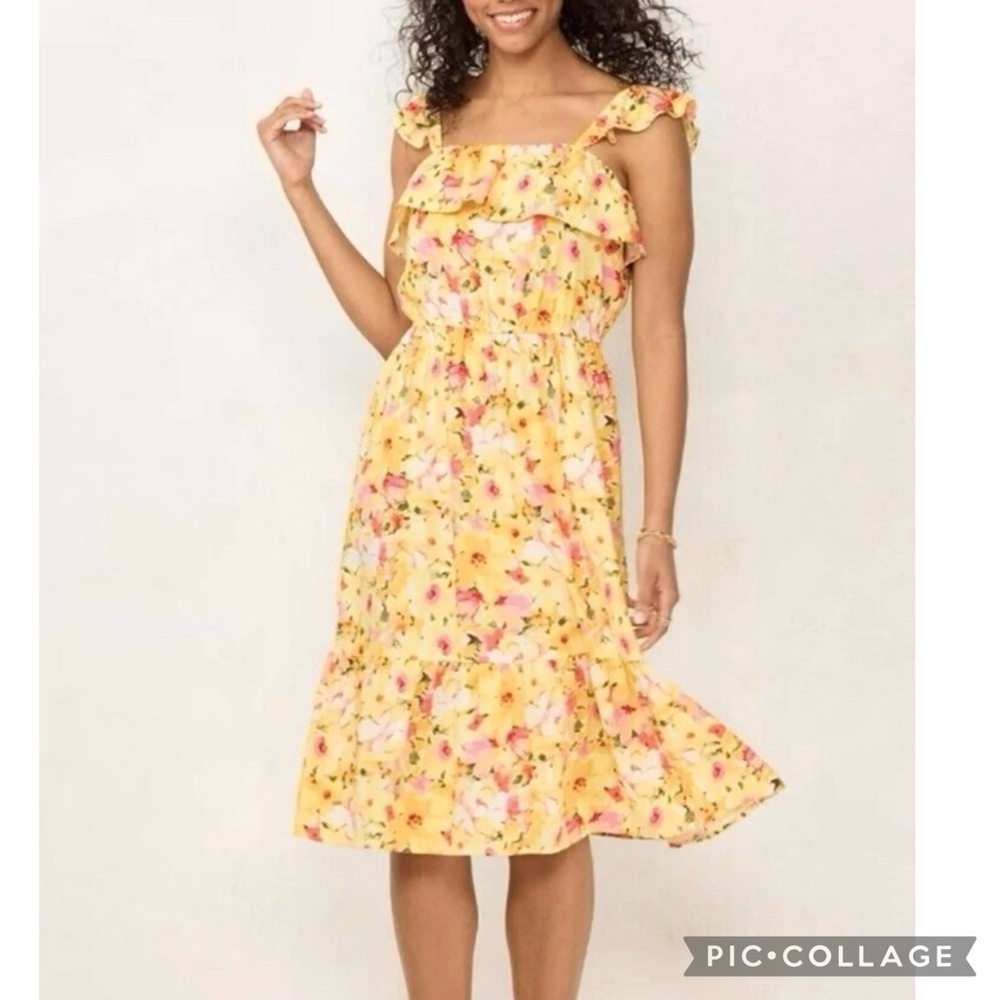 LC Lauren Conrad Yellow Floral Ruffle Flutter Strap Midi Dress XS Cottagecore